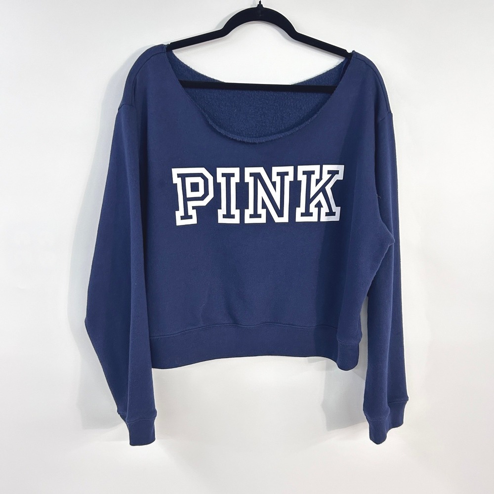 Victorias Secret PINK Off Shoulder Sweatshirt XXL Navy Varsity Preppy Collegiate